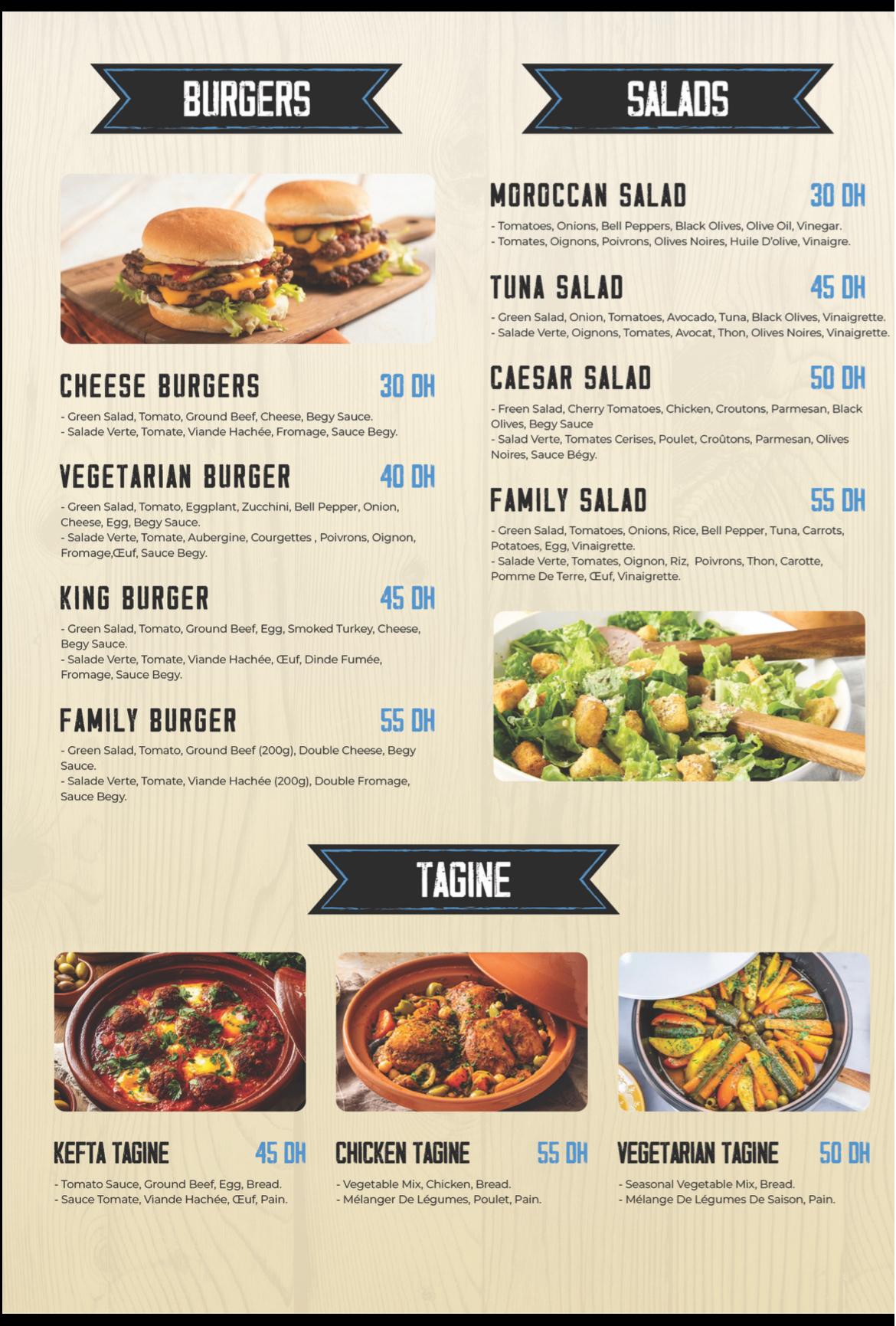 Burgers, Salads & Tagine Menu