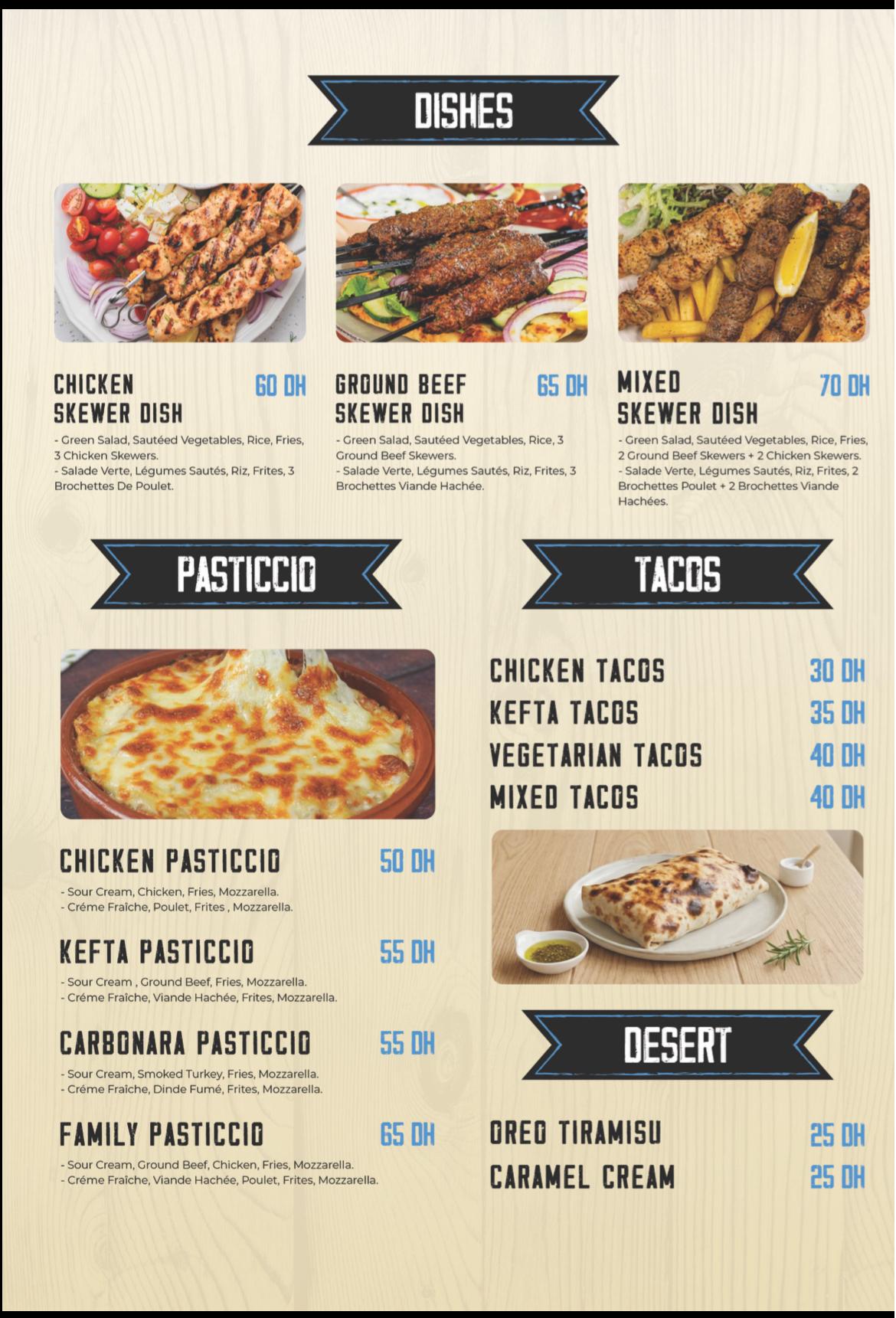 Dishes, Pasticcio & Tacos Menu