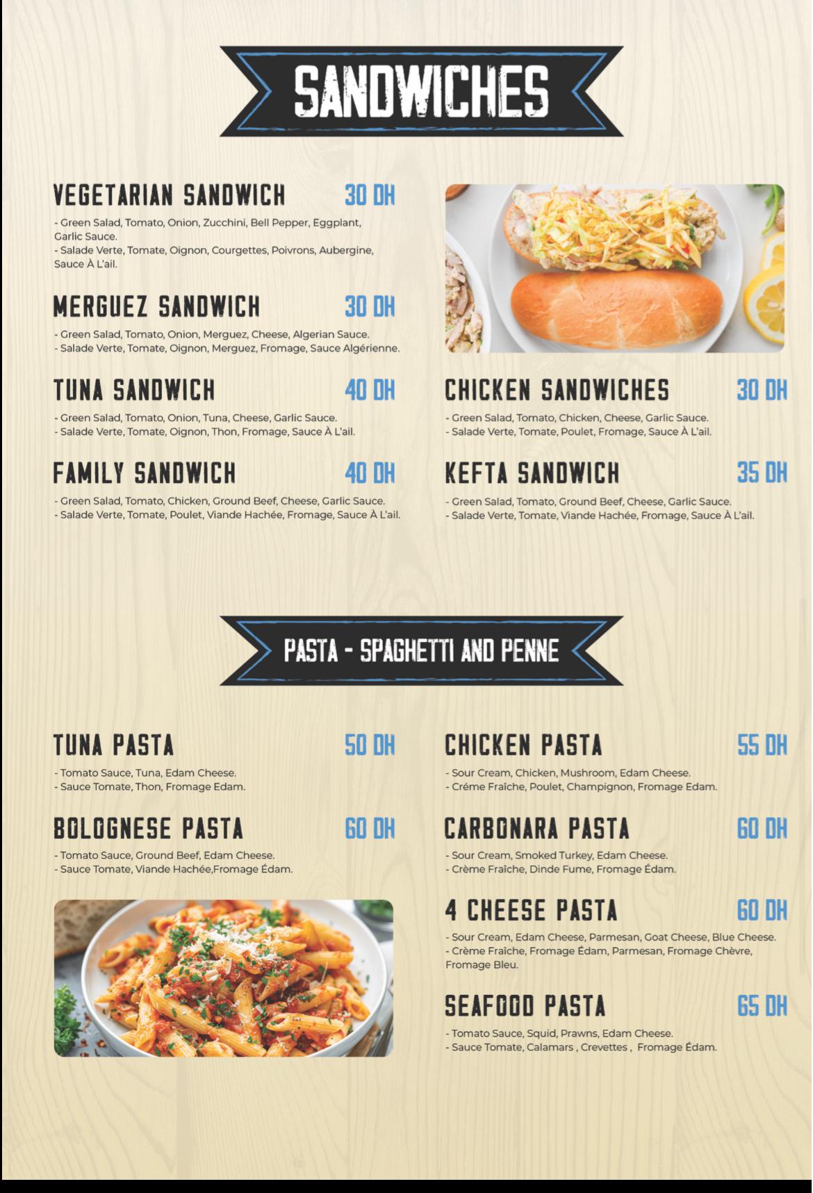 Sandwiches & Pasta Menu